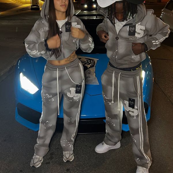 Custom logo Sweat Suit Unisex Applique Embroidery Acid Wash Hiphop Sweatsuit Zipper up Boxy Hoodie and Stripe Sweatpants Set