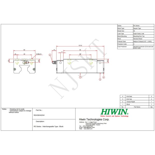 RGH30HA Hiwin Linear Guide Block Industrial For CNC Machine Centers