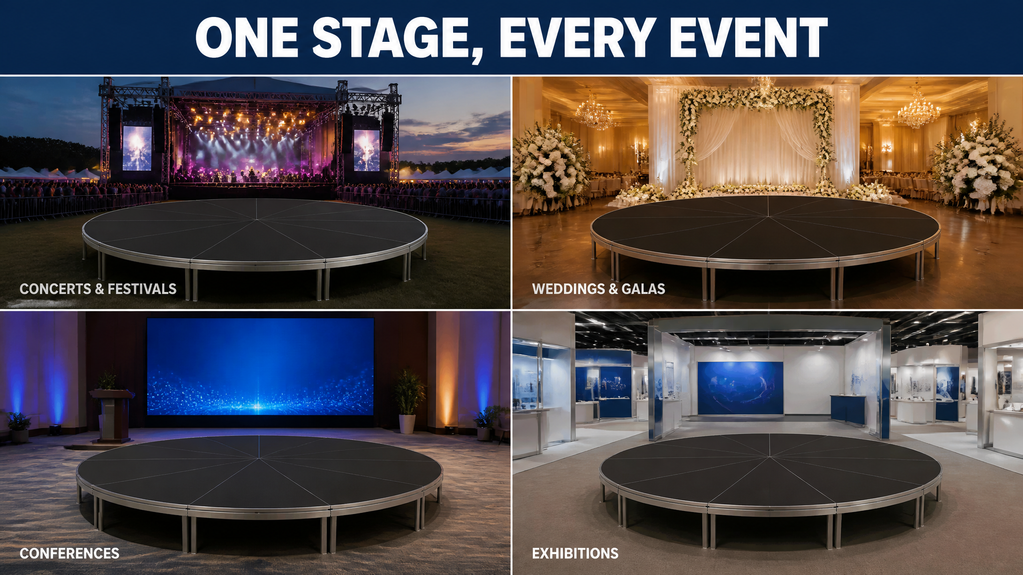 Circular Modular Stage Platform 3.66m Diameter with Black Anti-Slip Surface and Adjustable Height 45-60cm