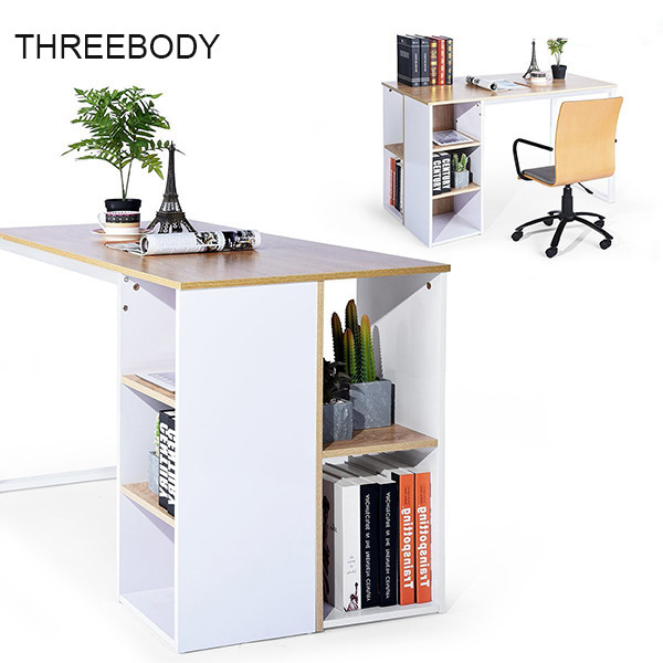 Light Brown / White Modern Office Table 5 Side Shelves PC Laptop Notebook Desk Metal Legs