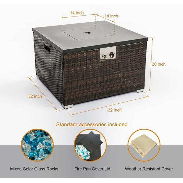 Outdoor 40,000 BTU Stainless Steel Burner Square Gas Fire Pit Metal Lid Cover