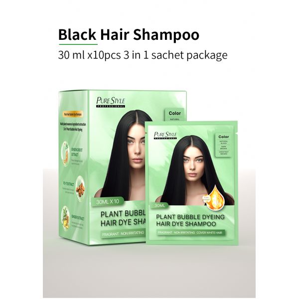 PureStyle OEM Fast Black Organic Bubble Hair Dye Shampoo 300ml Herbal Formula Permanent Treatment Cream Harmless for Hair Skin Free