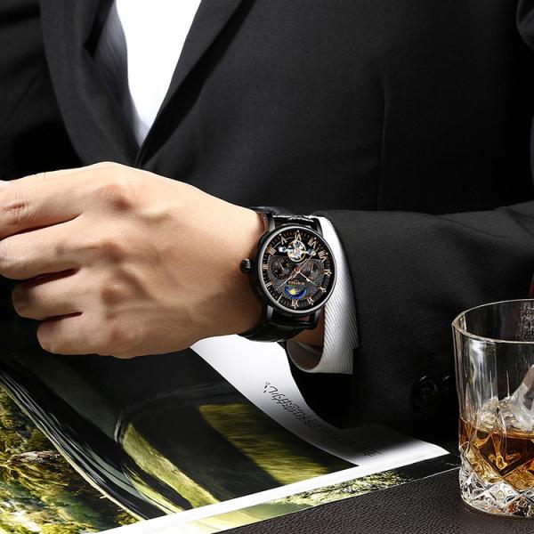 KINYUED Tourbillon automatic mechanical movement genuine leather waterproof  wrist watch