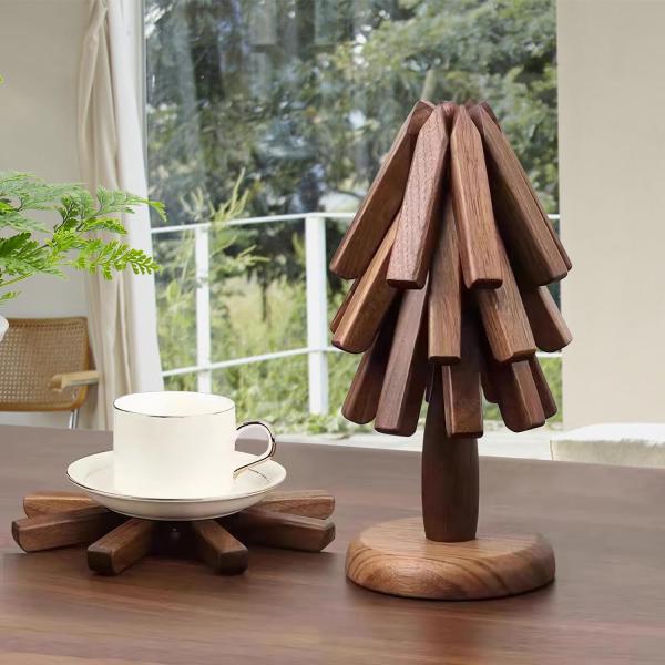 Customized Logo Acceptable Wooden Black Walnut Trivet Set for Hot Dishes and Pots