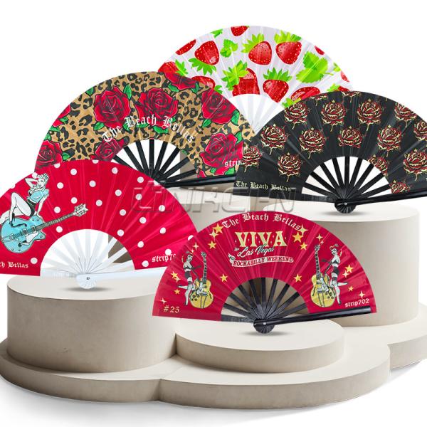 Custom Printed Large 33 cm Portable Painted Design Rave Bamboo Folding Hand Fan for Music Performance Festivals and Parties