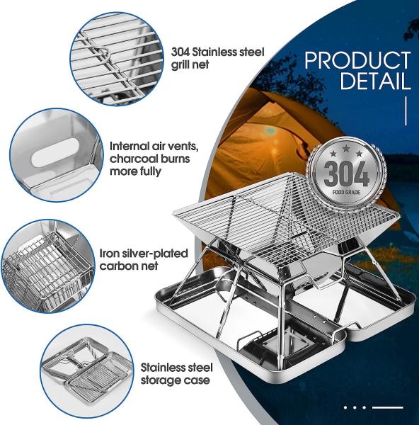 Picnic Outdoor Charcoal Barbecue Grill, Portable Charcoal Grill, Folding Stainless Steel Camping Fire Pit