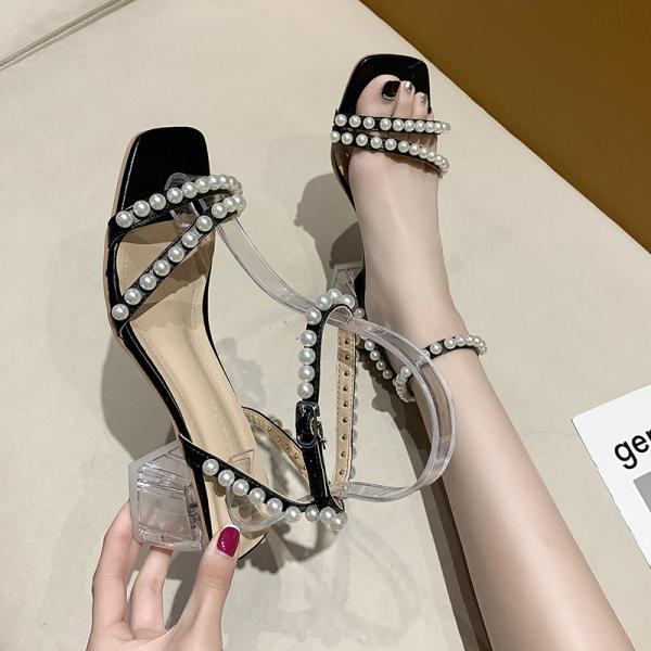 Transparent High Square Heel Thick Soled New Lady Sandals Pearl Beautiful
