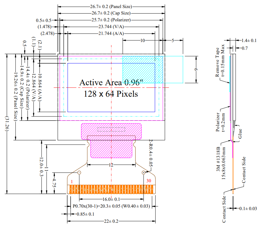 Пассивный дисплей OLED 128x64 экран графиков SSD1306 0,96 дюймов белый передний