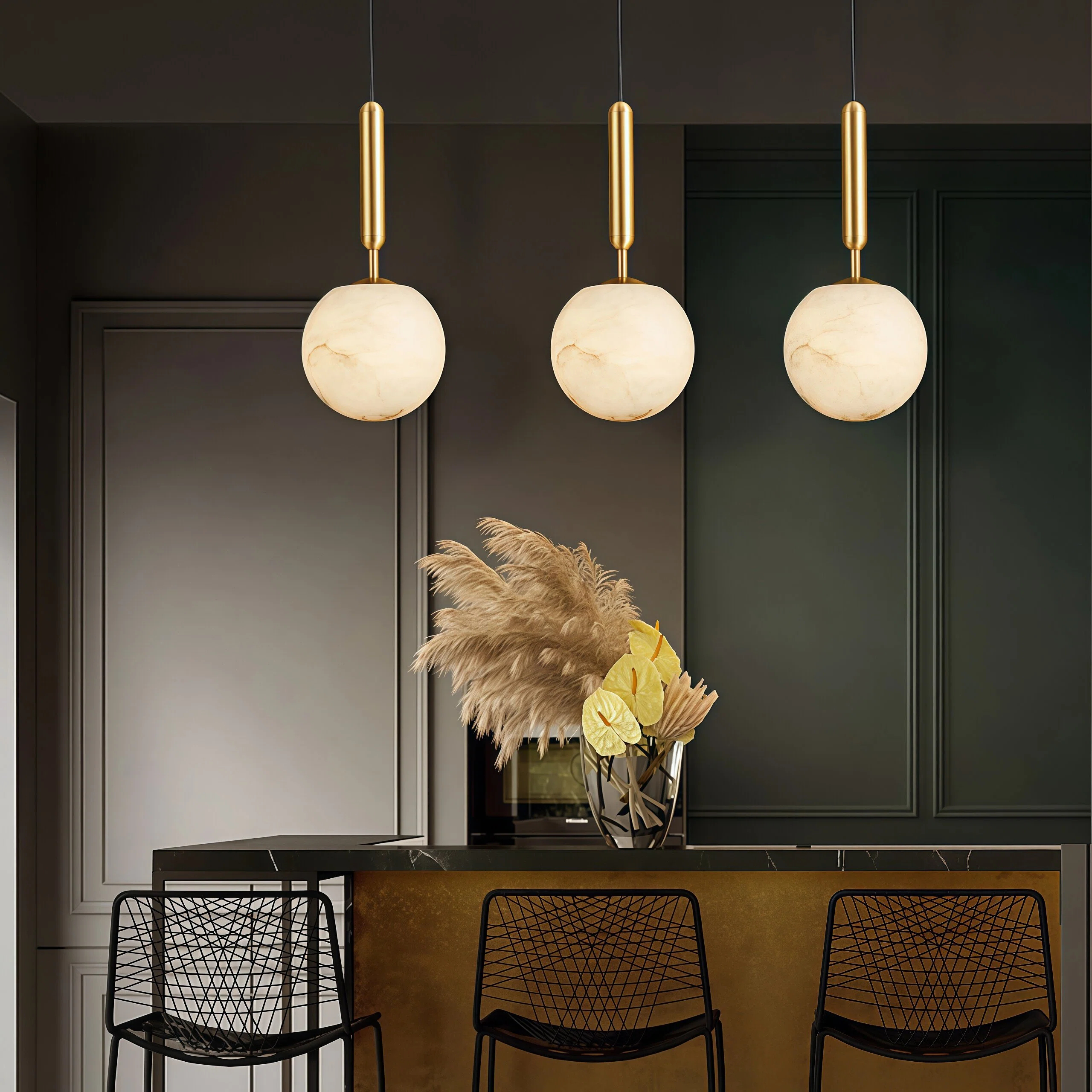 JYLIGHTING Modern Bubble‑Sphere Marble Chandelier, Solid Brass Suspension Lamp for Luxury Villa, Dining Room and Hotel Reception Interior Projects