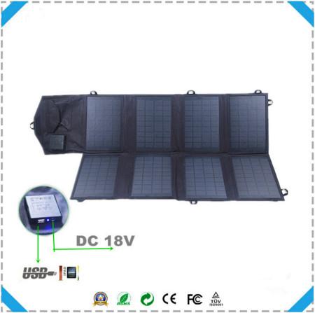 Hot selling 8 foldings 28w dual voltage controller auto solar charger for laptop battery / Ipad / Iphone for travel
