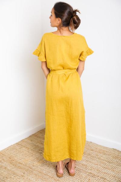 Paloma Mustard Short Sleeve Button Down Slit Maxi Linen Dress