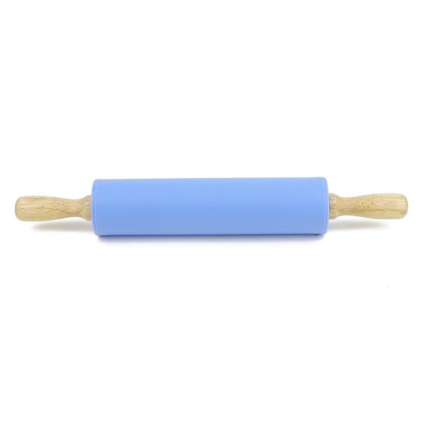 Safety FDA Food Grade Baking Tools Silicone Rolling Pin Non-stick Surface Wooden Handle (12 inch, Blue)
