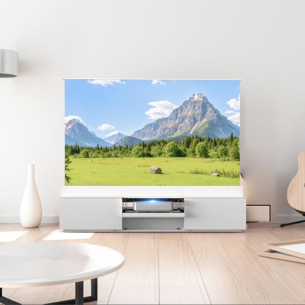 White Motorised Laser TV Cabinet 100 Inch 120 Inch UST Cabinet