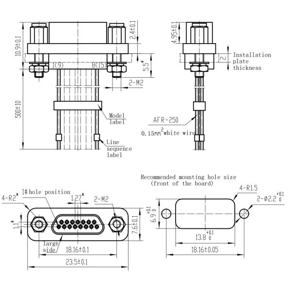 Aluminum Alloy with Nickle Plating Micro D Connector Female Receptacle with Mating Cable White Wire 0.1mm2-0.15mm2