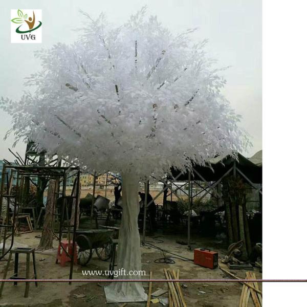 UVG winter wedding ideas white banyan leaves fake white trees for stage decoration GRE059