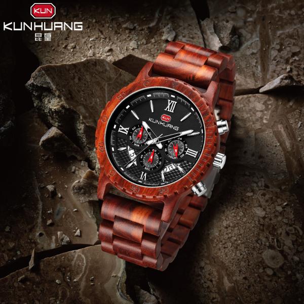 6 Hands Sporty Red Sandal Wooden Wrist Watch Black Dial Anolog Display