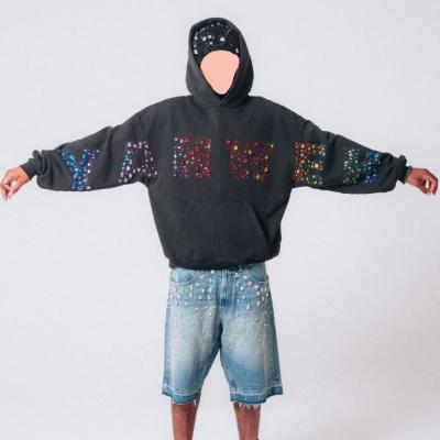 Custom Crystals Heavyweight Vintage Y2K Streetwear Pullover Hoodie 500 Gsm Cotton Terry Men Rhinestone Hoodies