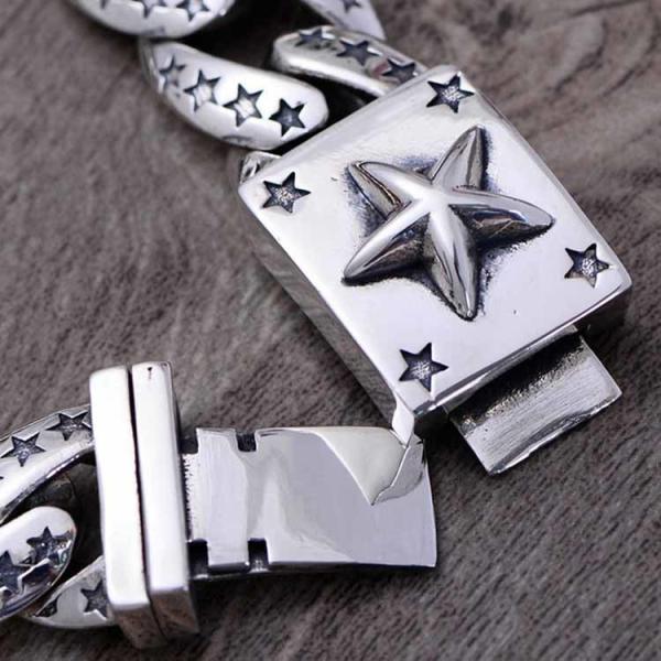 Sterling Silver Heavy Chunky Cuban Curb Link Engraved Stars Mens Bracelet (058880)