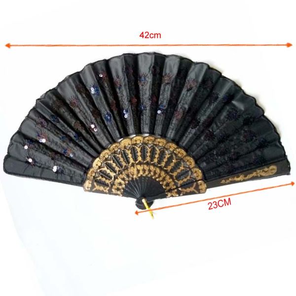 Hot Selling Foldable Hand Held Fan Black Plastic Embroidery Sequin Hand Fan