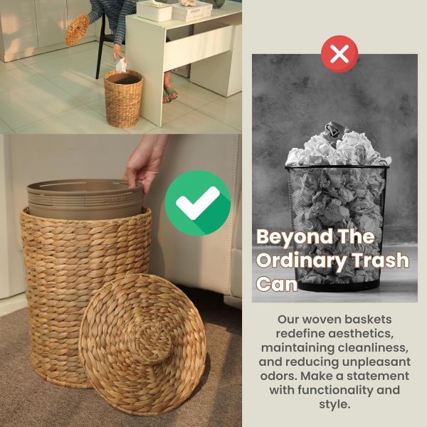 Wicker Waste Basket - Water Hyacinth Bathroom Garbage Can With A Lid - Bathroom Trash Can Boho Style - Wicker Trash Can With Lid For Household, Kitchen - Removable Liner, Iron Frame