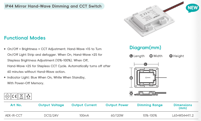 IR Sensor LED Dimmer DC12/24V IP44 Hand-Wave Mirror Switch with CCT & Defog