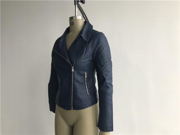 Navy Ladies PU Jacket , Pleather Biker Jacket Asymmetrical Zip Through LEDO1737