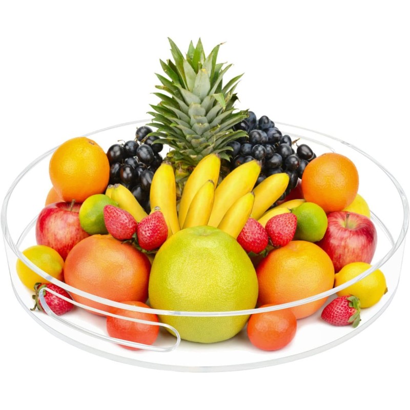 Clear Acrylic Round Serving Tray with Handle Transparent Single Tier Organizer for Kitchen Bathroom Fruit Cosmetics Storage