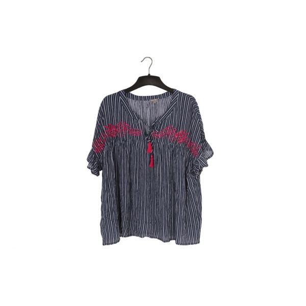 100% Rayon Ladies Striped Printing Blouse Big Embroidery Striped Womens Top