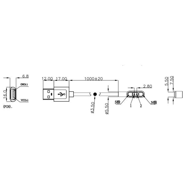 Cable de charge magnétique à 2 broches noir mâle femelle Pogo