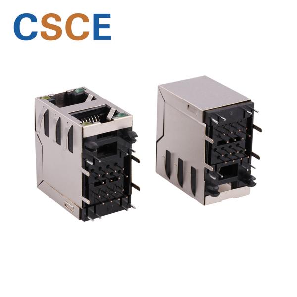 Yellow / Green LED Stacked RJ45 Connectors For PC Card / Switch / Router