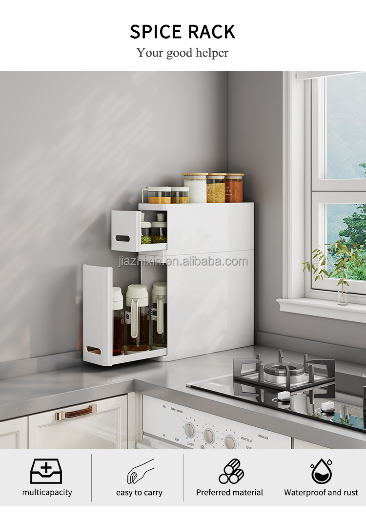 NEW Foldable Standing Metal Corner Countertop White Doublelayer Pull Out Drawer Spice Box Kitchen Storage Cabinet Organizer Rack