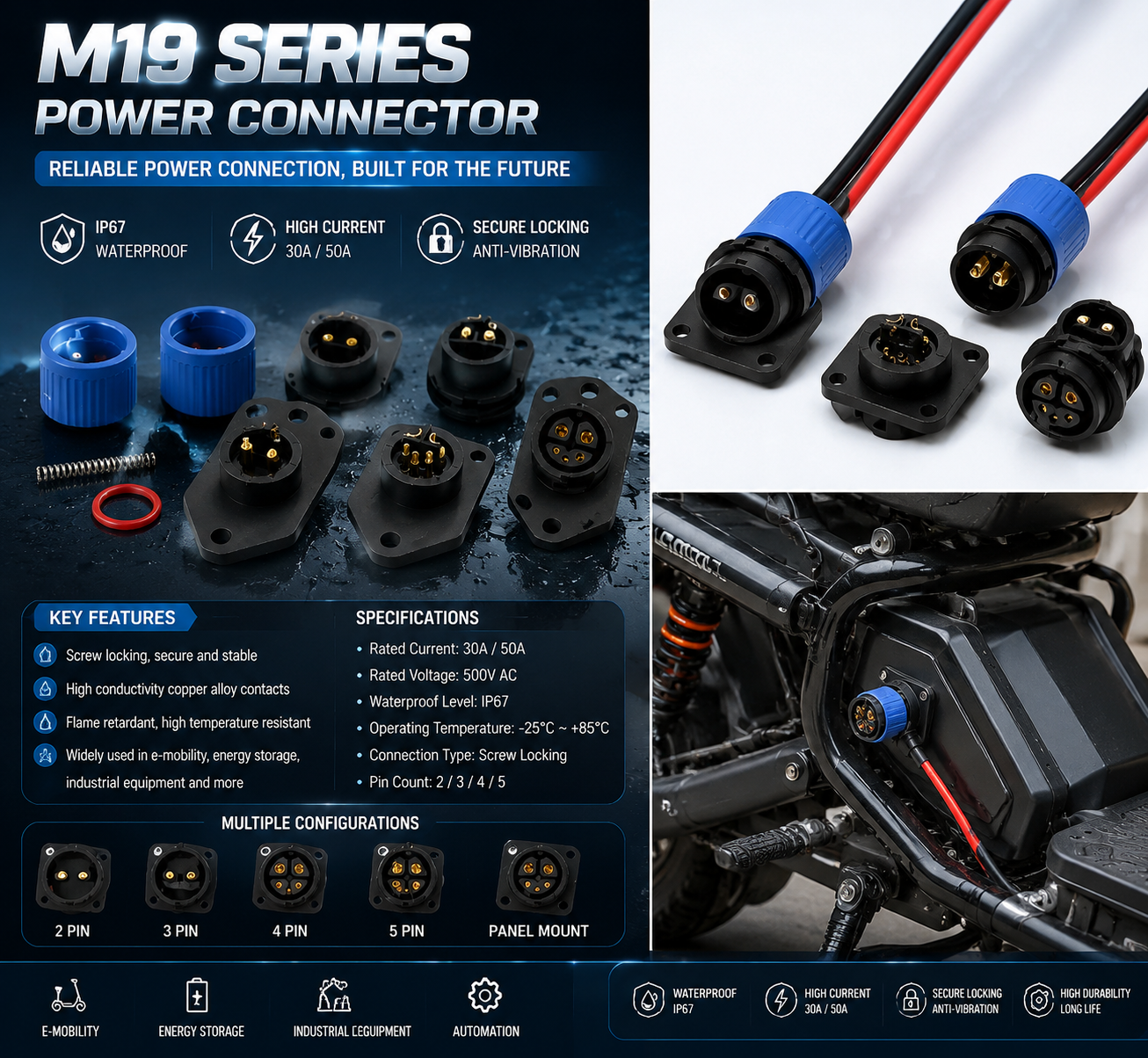 M19 Series 20A 10.4N Ultra Low Insertion Force Waterproof Power Connector Free Test Supported