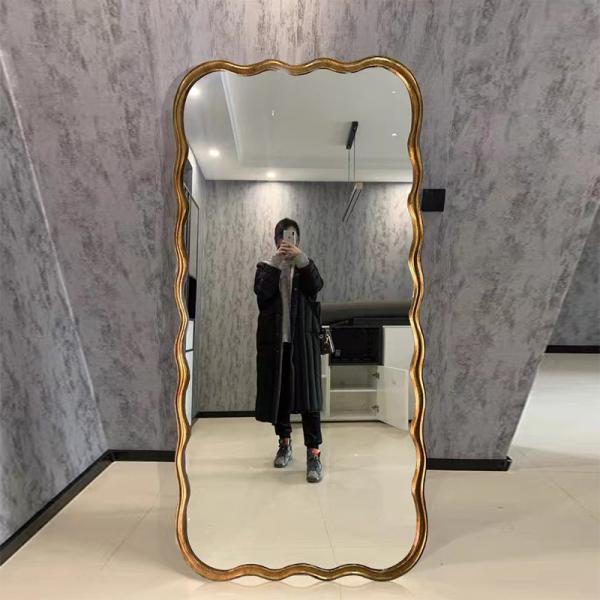 Wavy Beveled Floor Mirror Wood Frame 600mm For Modern Bedroom Decoration