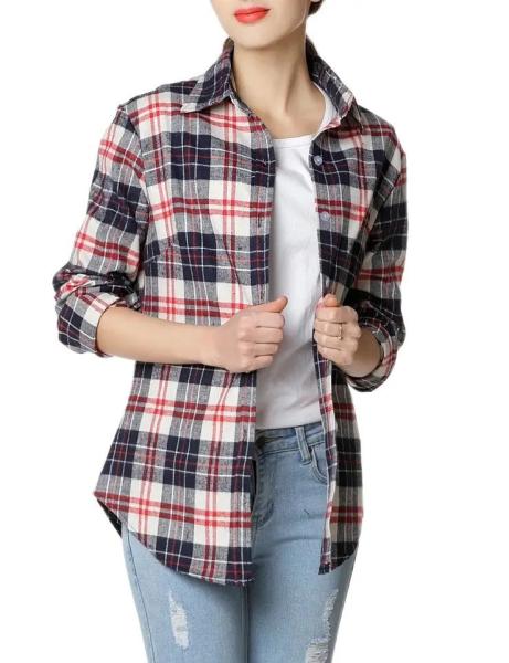                 Fashion Women′s Plaid Shirt Button up Long Sleeve Flannel Classic Casual Shirt             