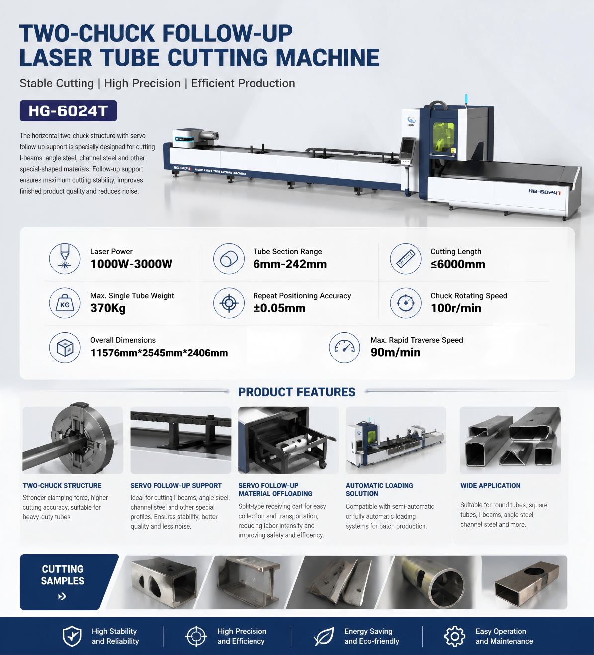Laser Pipe Cutting Machine with 1000W-3000W Cutting Power, ±0.05mm Positioning Accuracy, and 370Kg Capacity