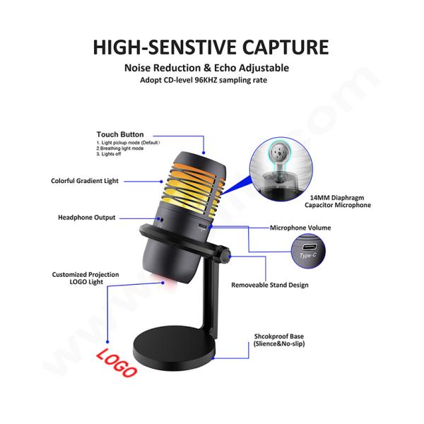 Live Stream Condenser Mic with RGB Lights Mute/Gain/Headphone Output/Volume Control