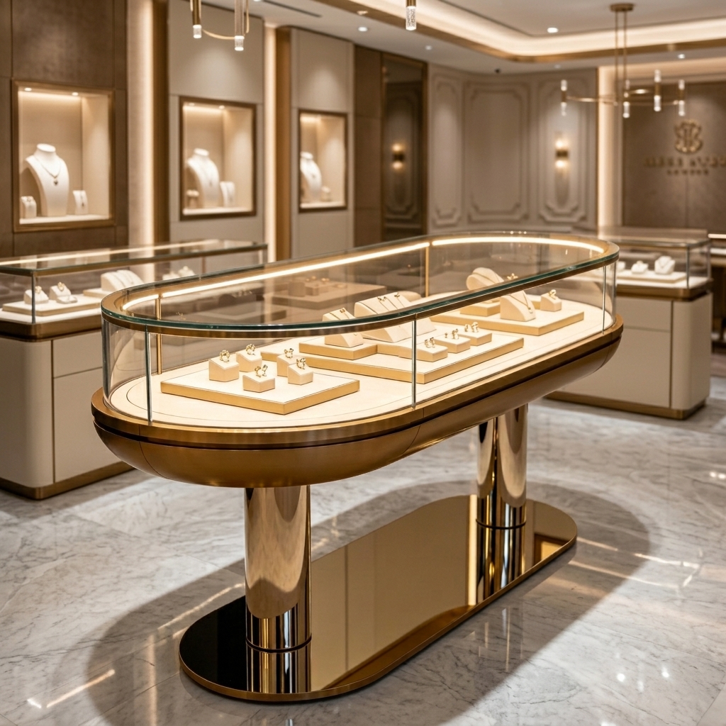 Curved Glass Jewelry Display Case with LED Lighting and Customizable Design for High-End Luxury Jewelry