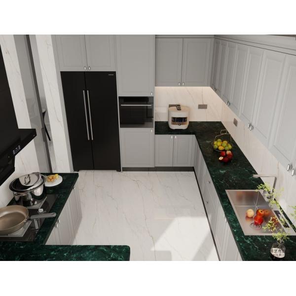 Timeless Stainless Steel Kitchen Cabinet With Dark Green Quartz Countertop And Raised Panel Doors