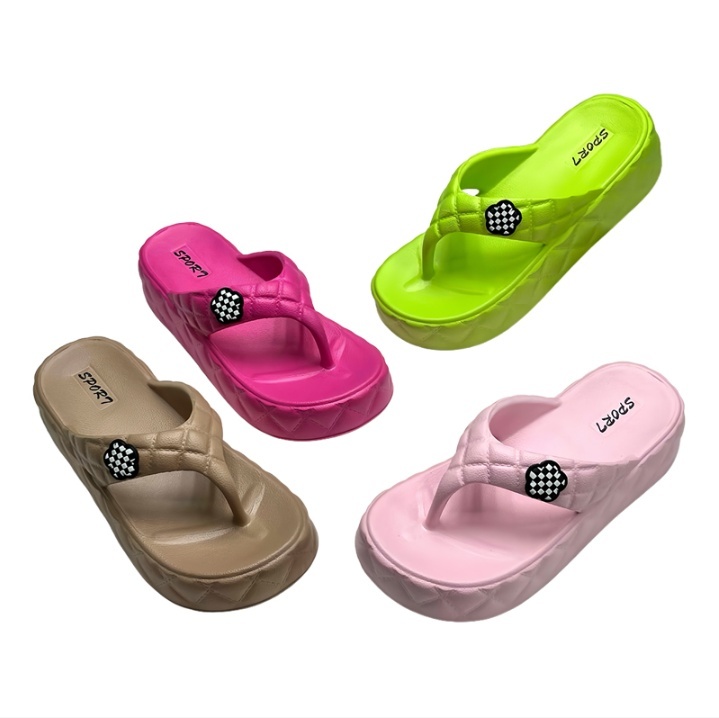 EVA Women Quilted Thick Platform Checkered Flower Flip Flops