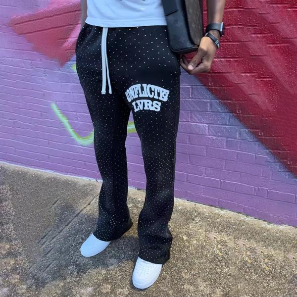 Vêtements de rue en strass sur mesure Pantalon vintage français Terry Flare Sweat Pants Jogger Acide Lavé au soleil Défolié Sweat Pants éclaboussés Hommes