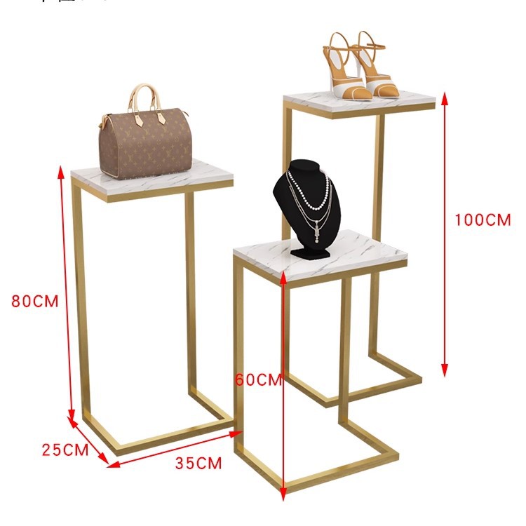 Durable Gold Metal Wood Floor Type Display Stand Marble-Design Panel Shelf Promotional Rack Clothing Shoes S/M/L Sizes 1 Pcs