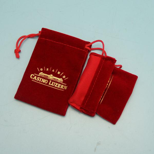 Red Velvet Drawstring Jewelry Pouch , Gold Logo Printing Womens Drawstring Bag