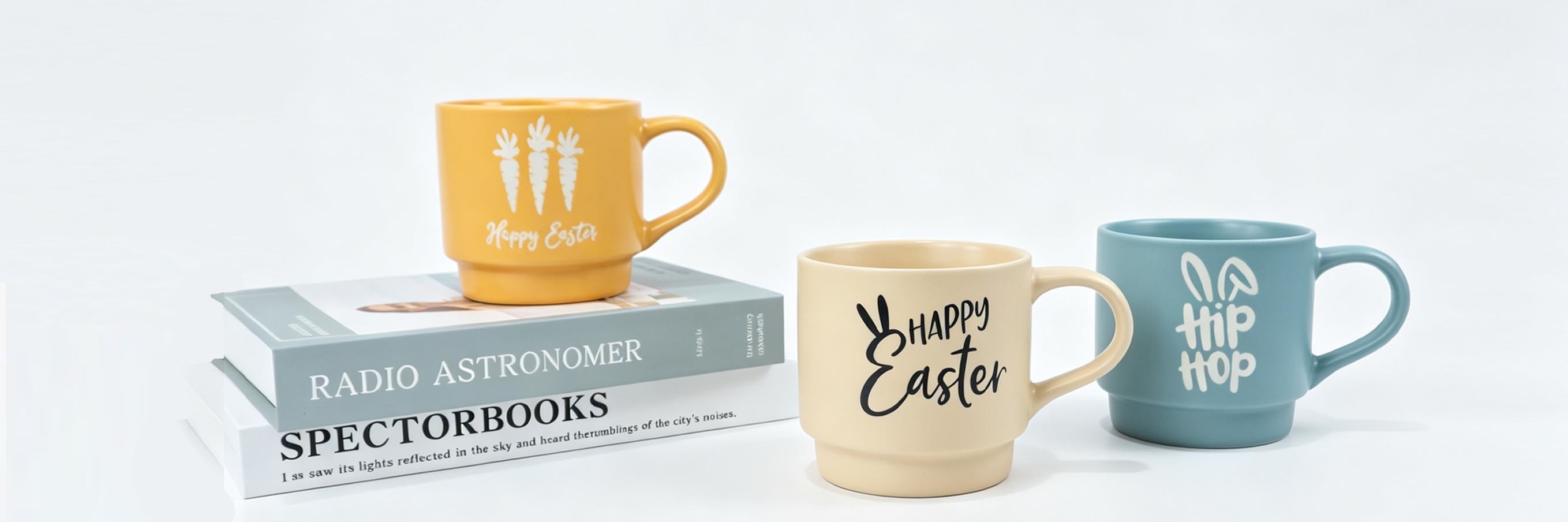 Easter Ceramic Mug Set of 3, Happy Easter Bunny & Carrot Printed Stack‑able Coffee Cups