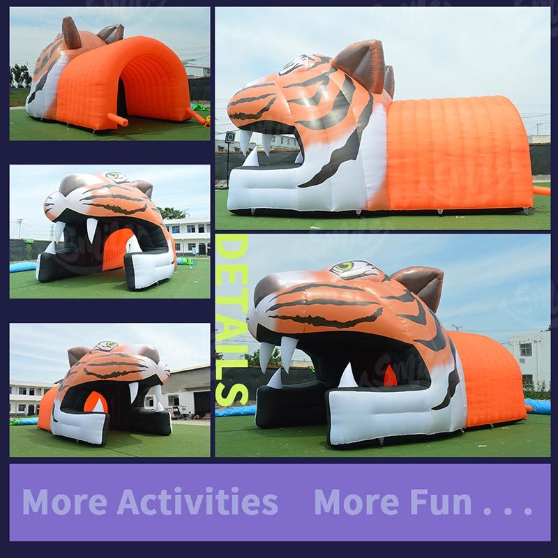 Custom Giant Inflatable Tiger Head Mascot Tunnel, Outdoor Sports Run Through Tent for Football Games, Kids Party & Event Decor