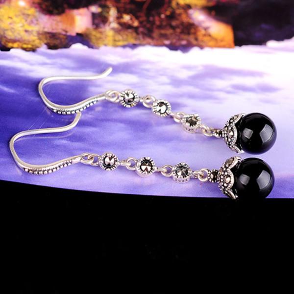 Antique Thai Silver Jewelry Sterling Silver Black Onyx Marcasite Drop Dangle Earring (E12031BLACK)