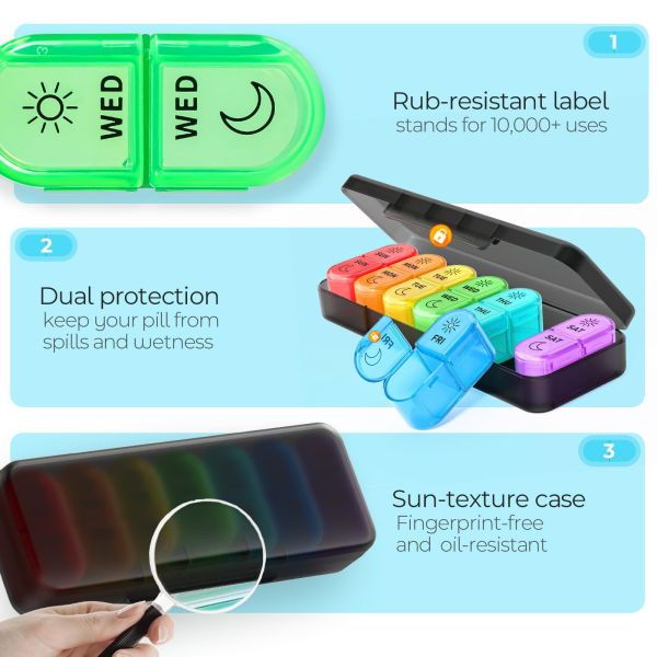 Portable Weekly Seven-Day Plastic Medicine Organizer Pill Box Two Meal Dosage Sealed Mini Compartmentalized Design JH Medibox