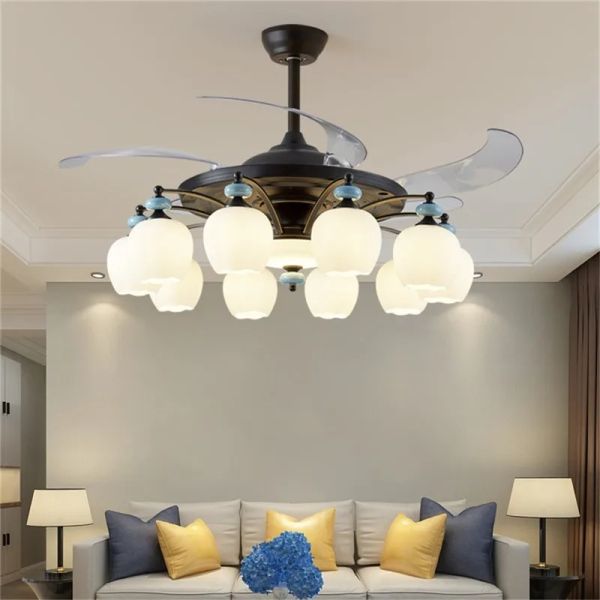 Luxury Ceiling Fan Light Remote LED Electric Fan Light with glass lampshade metal Stealth Fan Light (WH-VLL-28)