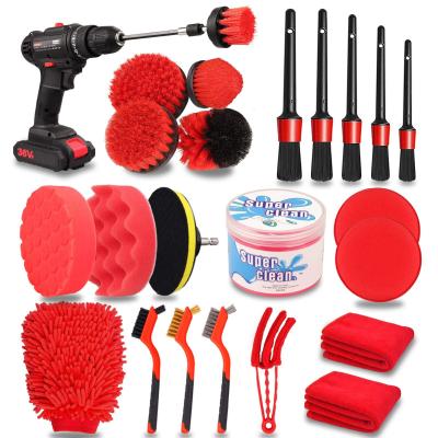 24 Pcs Car Detail Brush Set Drill Soft Brushes Kit de lavagem com gel de limpeza para o interior