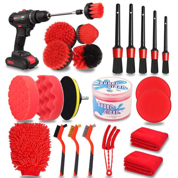 24 Pcs Car Detail Brush Set Drill Soft Brushes Kit de lavagem com gel de limpeza para o interior