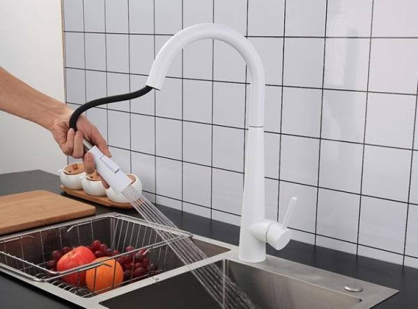 4 Hole Single Handle White Stainless Steel Pull Out Tap Kitchen Faucet  Mixer